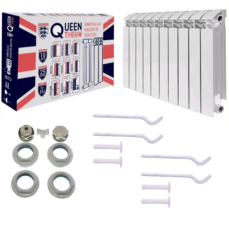 Радіатор біметалевий секційний QUEEN THERM 500/100 з комплектом підключення